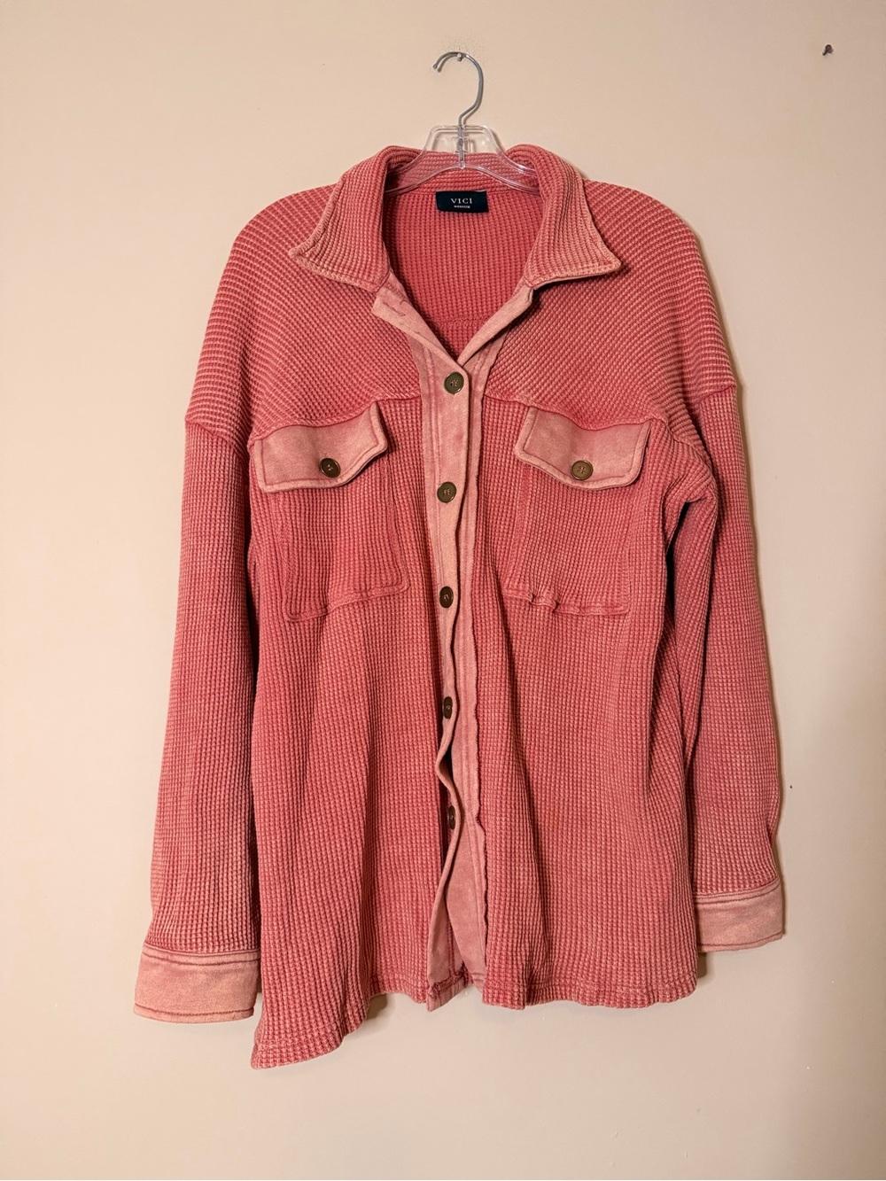 VICI Dusty Rose Waffle Knit Button-Up Jacket